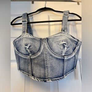 Blue denim acid wash corset cropped top with adjustable straps and zipper